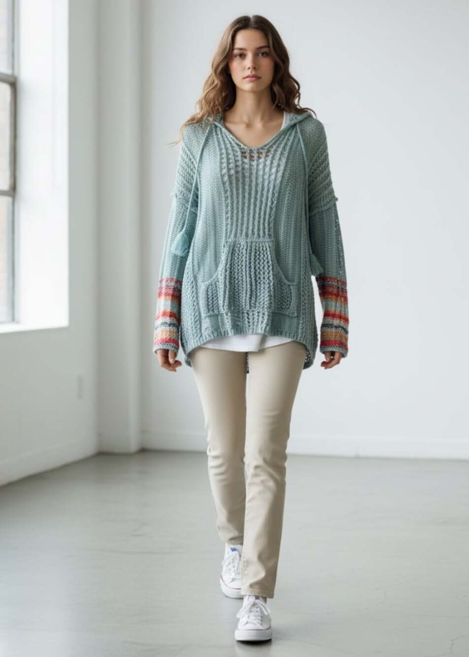 POL Aqua Boho Open-knit Hooded Sweater